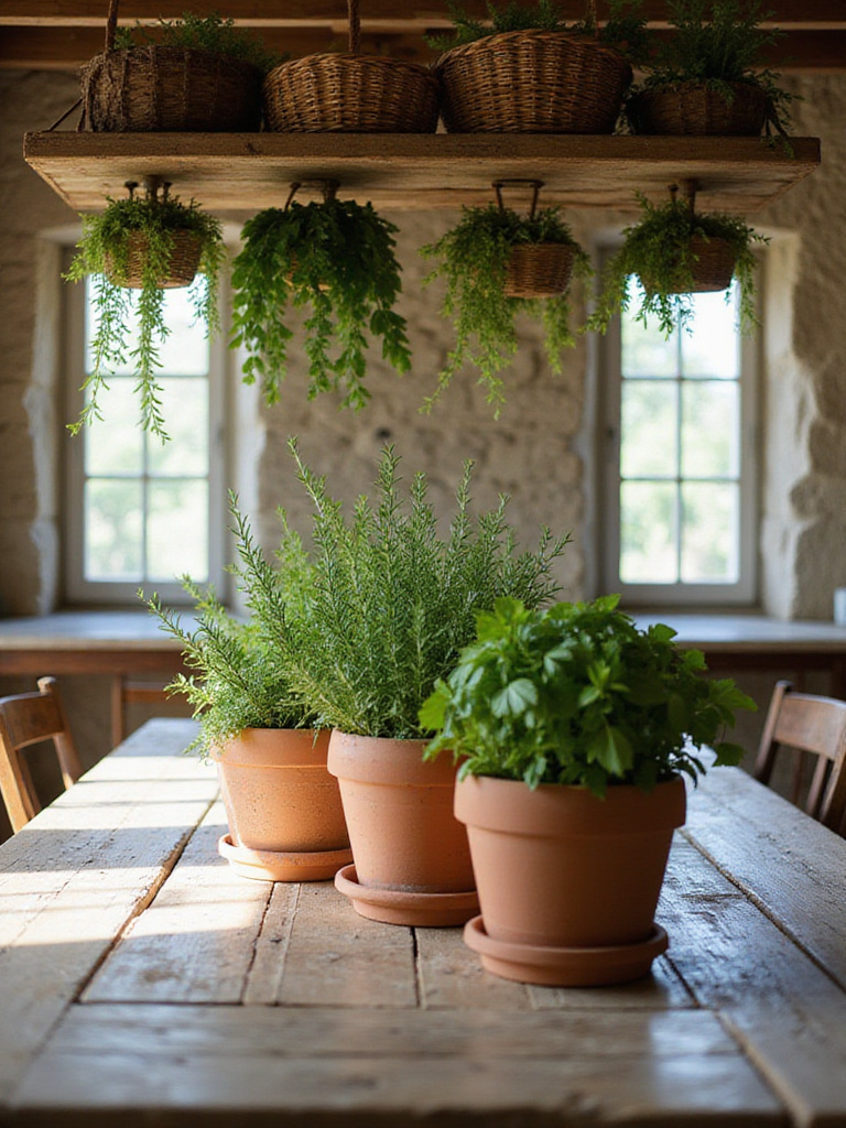 Rustic dining room with herb centerpiece and hanging plants.