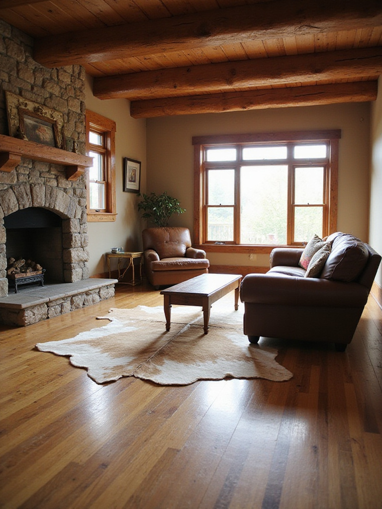 Rustic living room with cowhide rug, leather sofa, and stone fireplace.