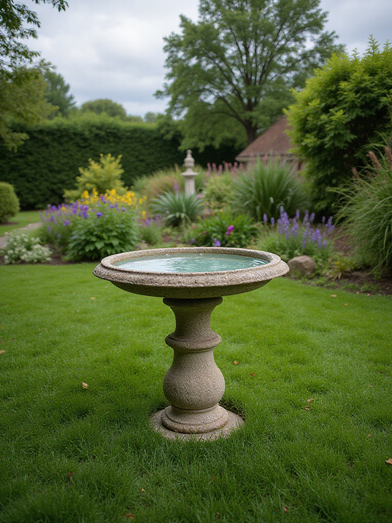 Charming stone bird bath surrounded by flowers in a lush lawn garden.