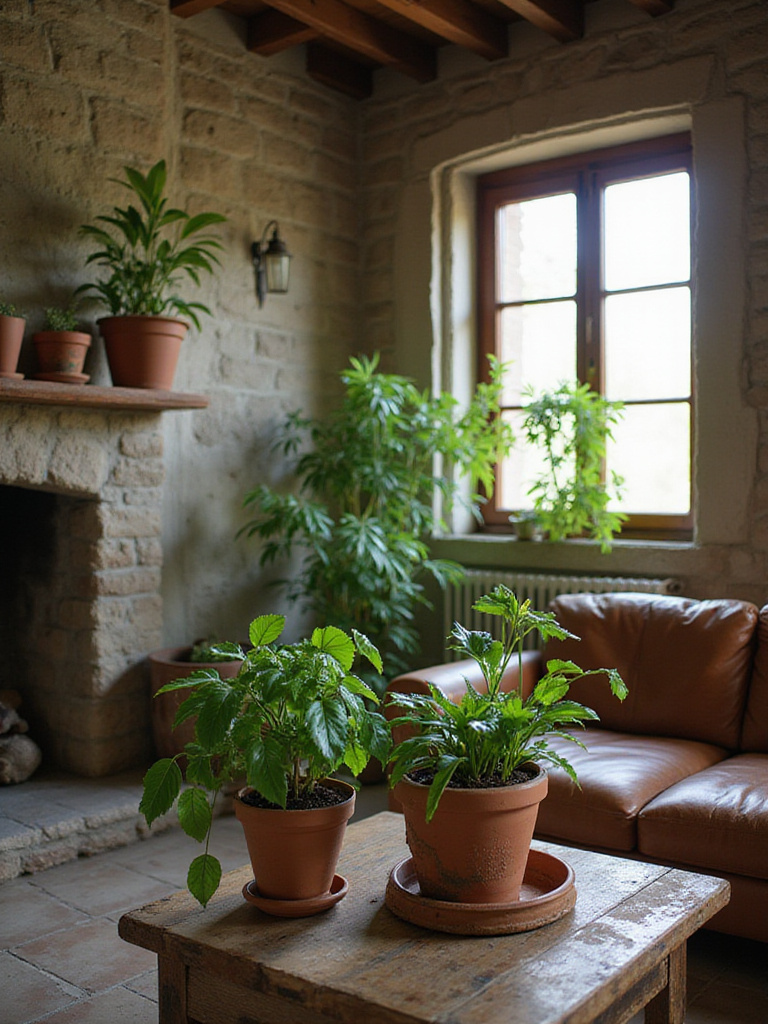 Rustic living room with natural stone fireplace, worn leather sofa, and lush greenery in terracotta pots.