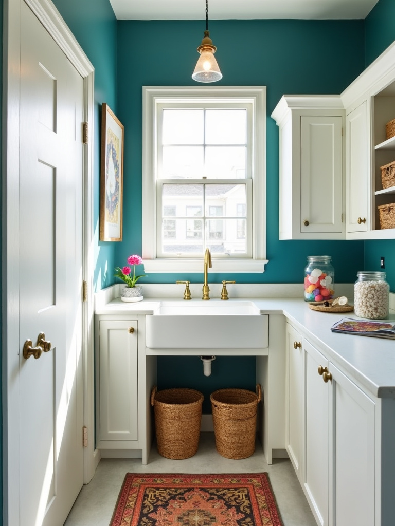 Teal laundry room with white cabinets and gold accents
