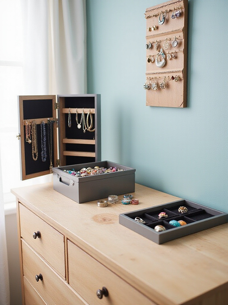 Variety of jewelry organizers on a dresser in a bedroom, including drawer insert, armoire, and wall-mounted options.