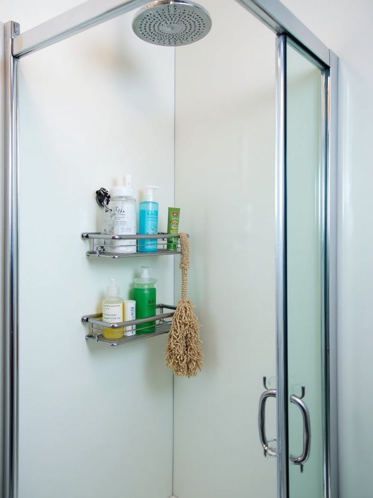 Organized stainless steel shower caddy holding toiletries in a small apartment bathroom shower.