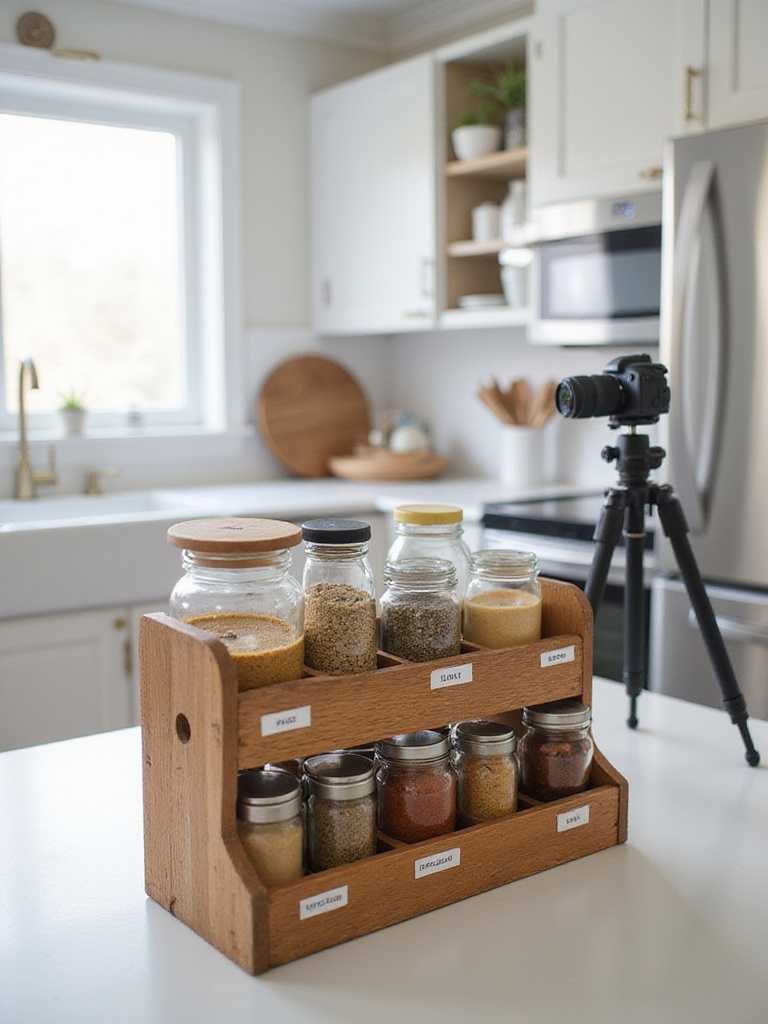DIY spice rack made from reclaimed wood holding various spices in glass jars.