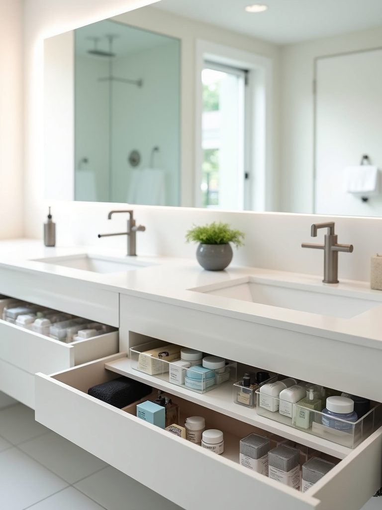 Minimalist bathroom vanity with organized storage for toiletries and skincare products