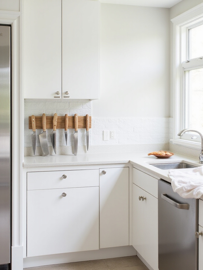 Magnetic knife strip holding knives in a small kitchen, freeing up counter space