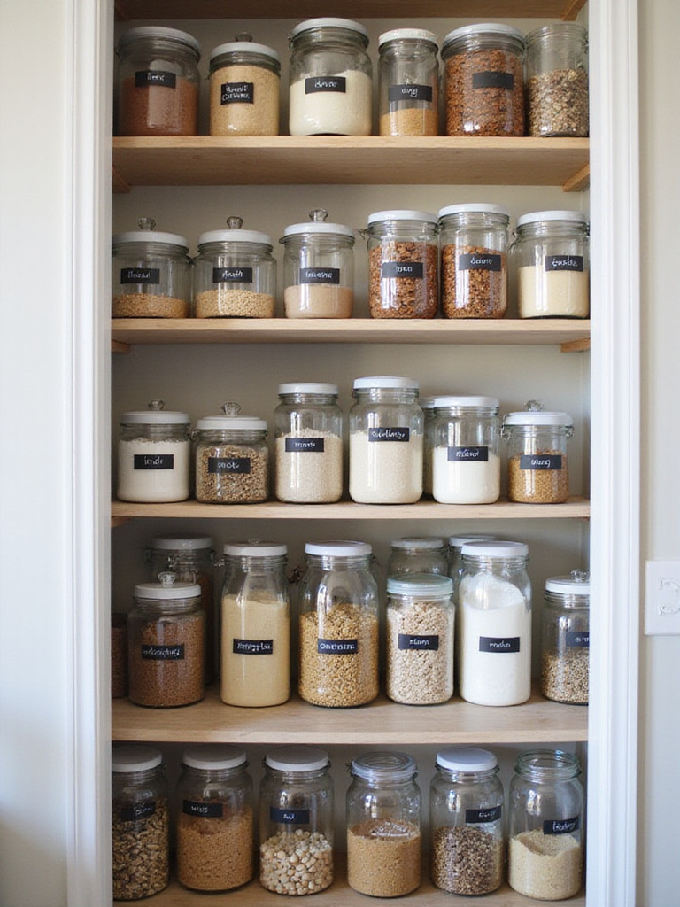 Well-organized pantry with labeled containers.