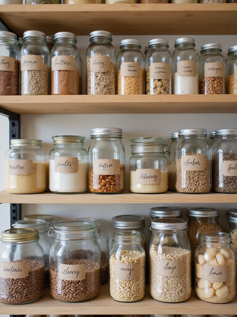 Organized pantry shelves with clear, labeled containers for easy identification of contents.