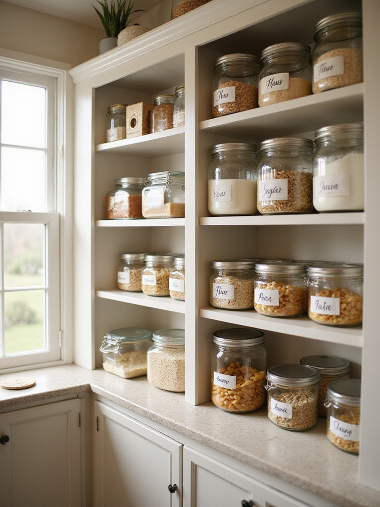 Organized small kitchen pantry with labeled containers.