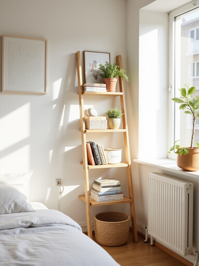 Ladder shelf in a minimalist bedroom holding books, plants, and decorative items.