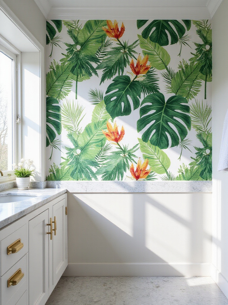 Modern bathroom with large-scale tropical botanical wallpaper accent wall