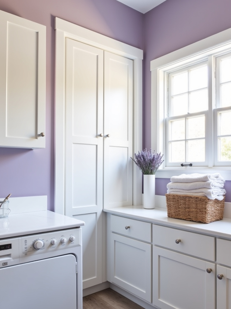 Calming lavender laundry room with white cabinets and natural light.