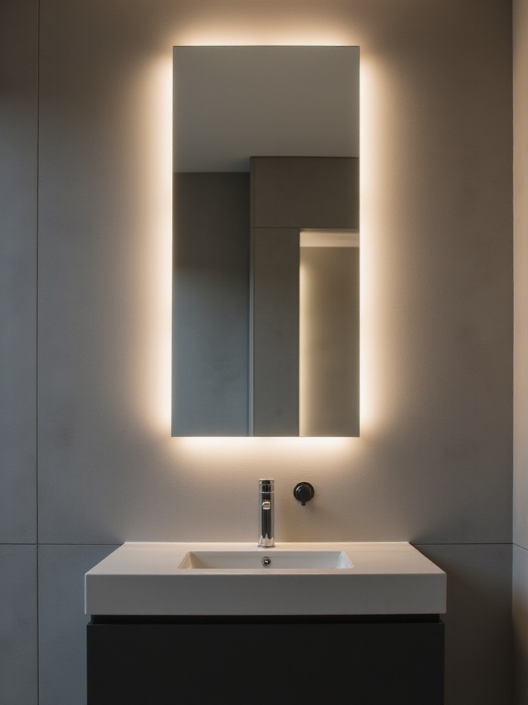 Modern bathroom with rectangular backlit mirror providing soft ambient lighting.