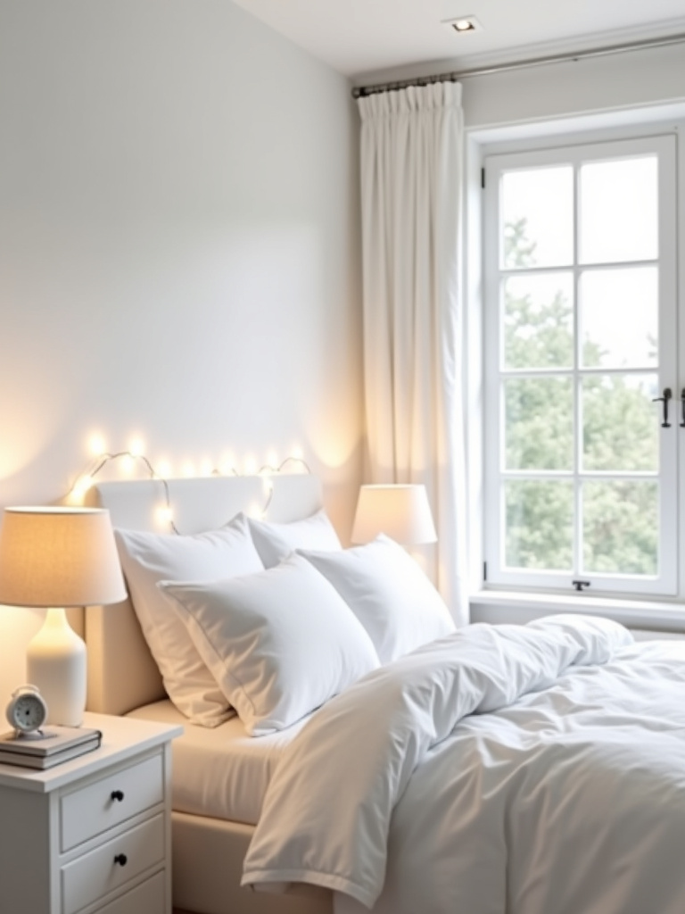 White bedroom with layered lighting including overhead recessed lights, bedside table lamps, and fairy lights, creating a warm and inviting ambiance.