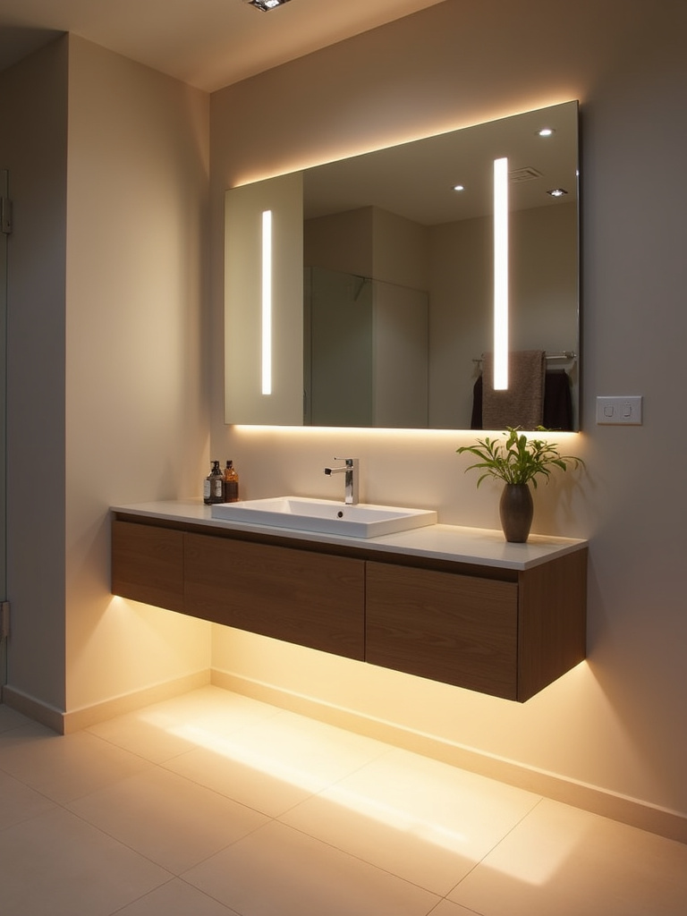 Minimalist bathroom with layered lighting: vanity sconces, under-cabinet LED strip lighting, and recessed lighting.