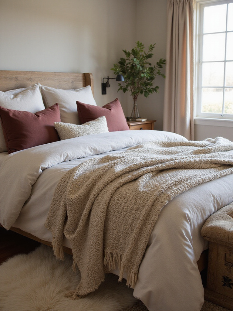 Romantic bedroom design featuring layered soft textures including linen, knit, velvet, and faux fur.