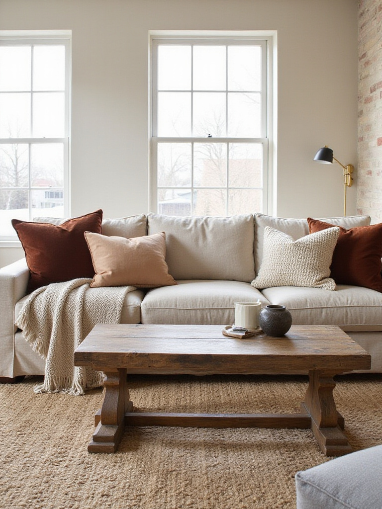 Living room with layered textures: linen sofa, velvet pillows, jute and shag rugs, reclaimed wood coffee table.