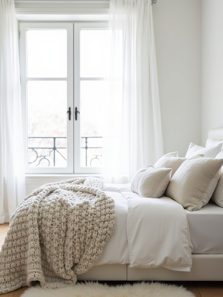 White bedroom with layered textures: linen sheets, knit blanket, faux fur rug