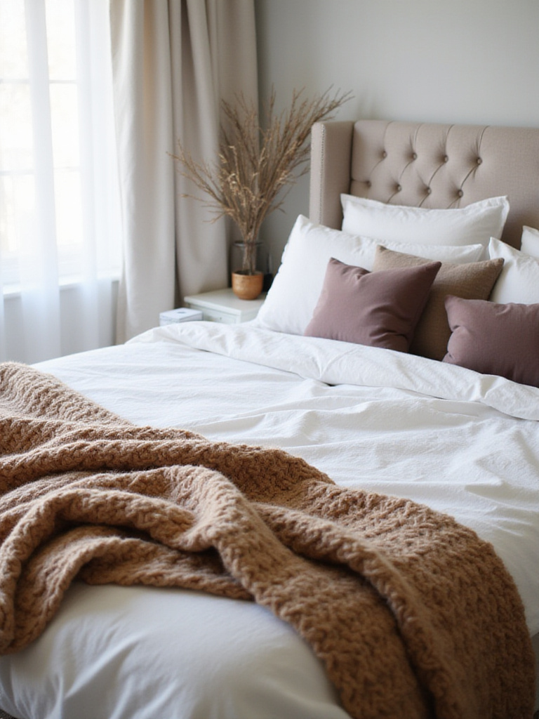 Luxurious apartment bedroom with layered textured bedding, including linen duvet, knit throw, and velvet pillows.