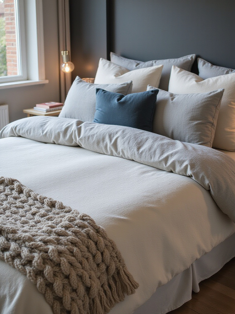 Cozy bedroom with layered bedding in neutral tones and various textures.
