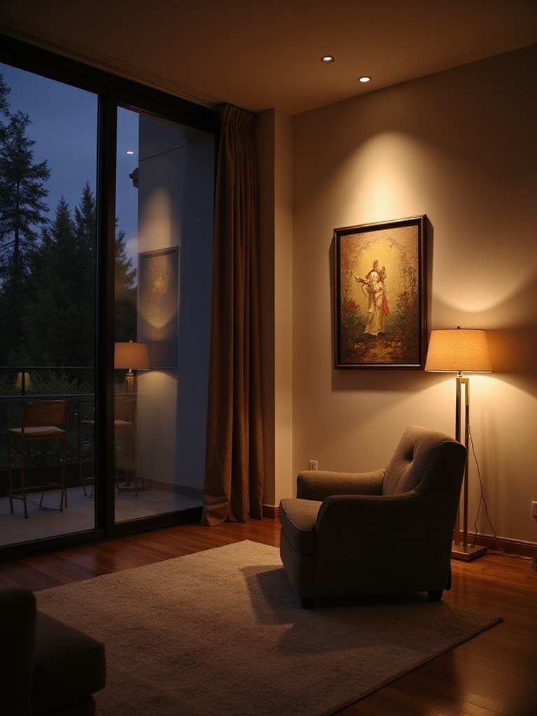 Living room showcasing layered lighting with ambient, task, and accent lights, creating a warm and inviting atmosphere.