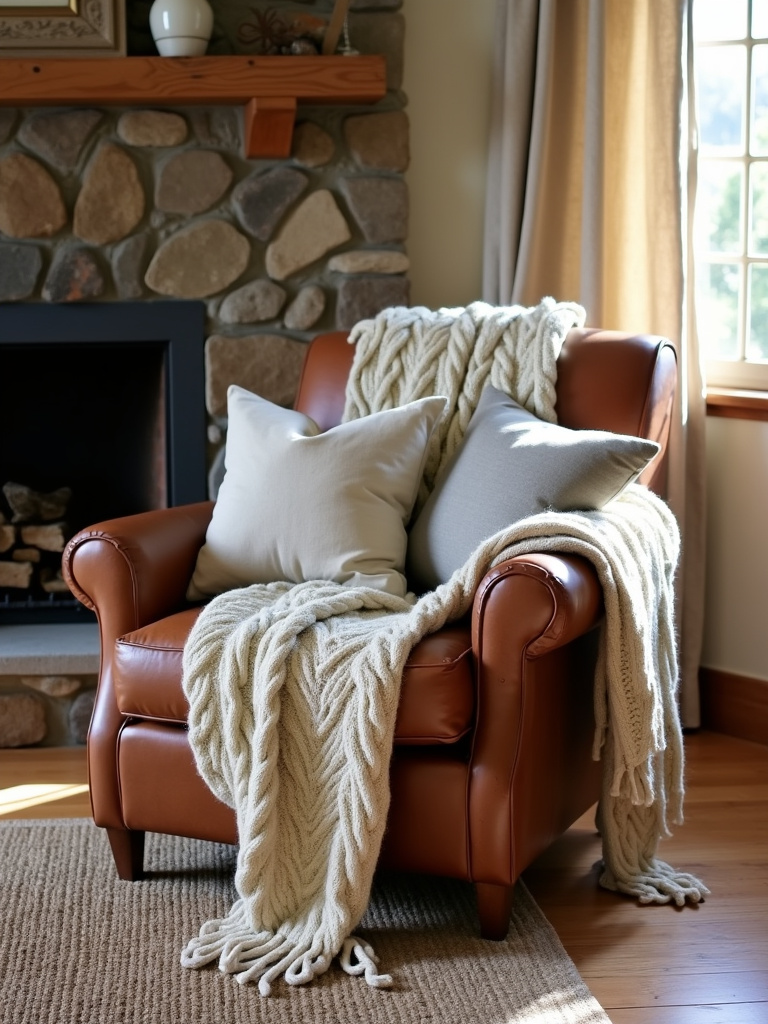 Rustic living room with wool throw and linen pillows on leather armchair by stone fireplace