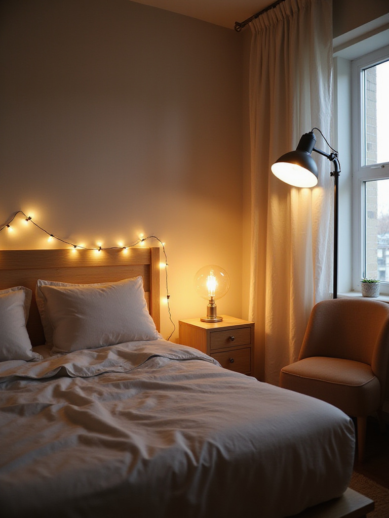 Cozy apartment bedroom with layered lighting from lamps and string lights.