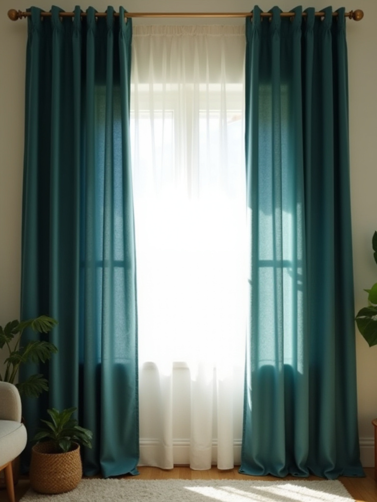 Living room window with layered curtains: sheer white curtains behind deep teal velvet drapes.