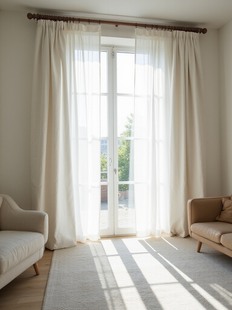 Light linen curtains barely kissing the floor in a modern living room.