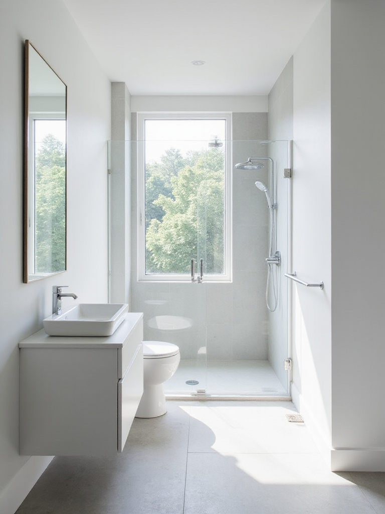 Modern minimalist bathroom with floating vanity, frameless mirror, and walk-in shower featuring clean lines and a neutral color palette.