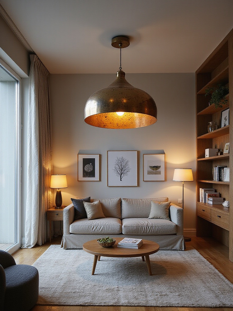 Modern apartment living room with statement pendant lighting