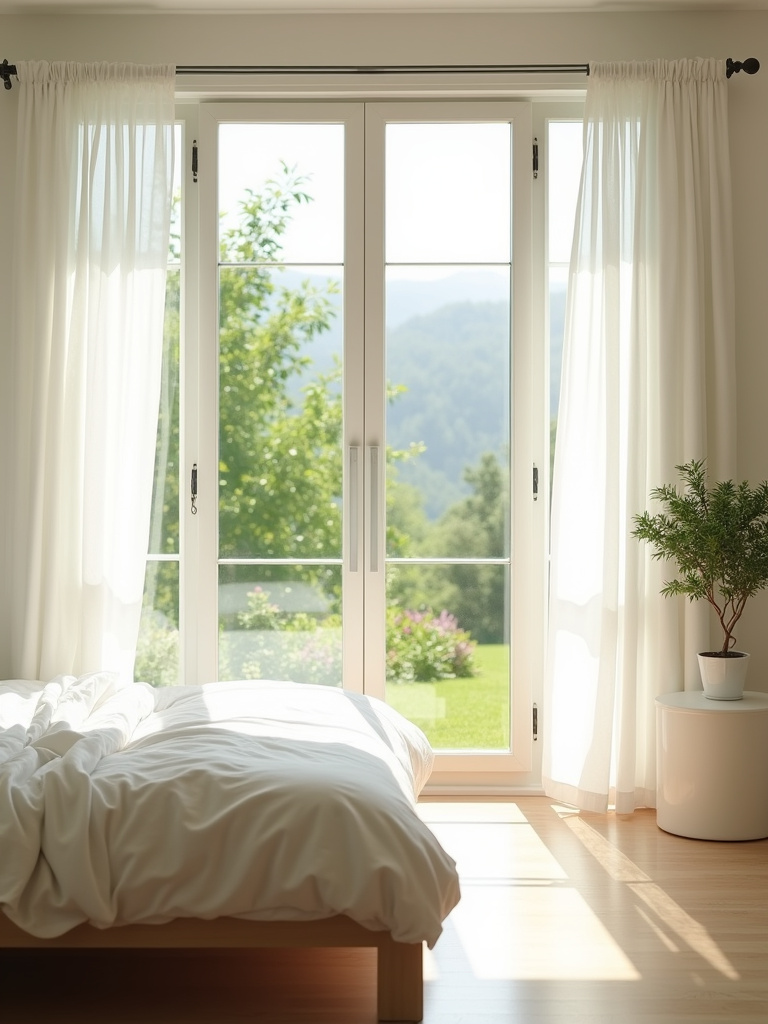 Bright and airy bedroom with natural light streaming through sheer curtains.