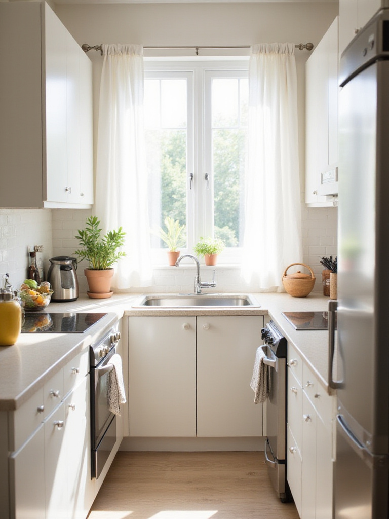 Small kitchen with white cabinets flooded with natural light from a large window.
