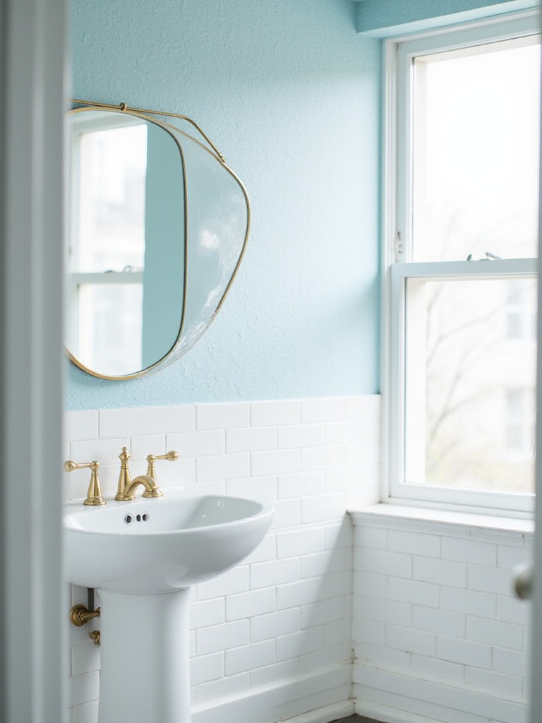 Light blue pastel bathroom wallpaper with geometric pattern