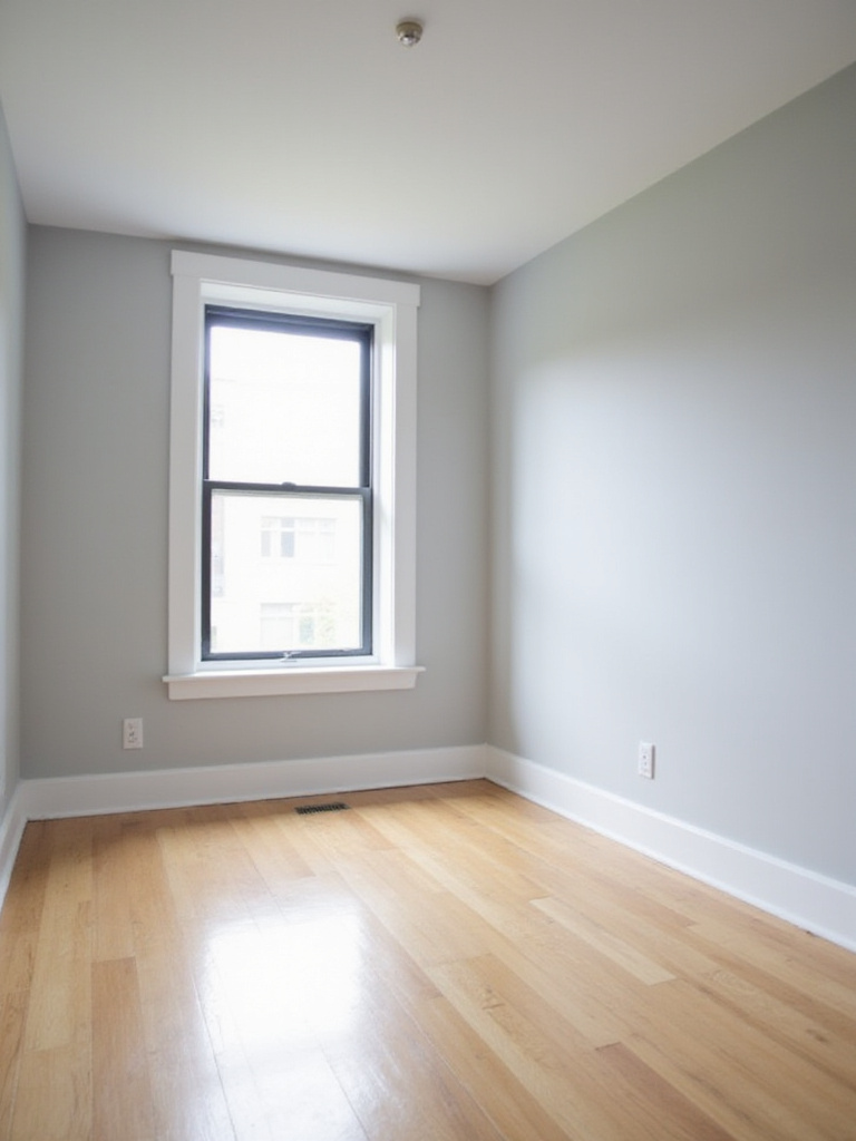 Small apartment bedroom with light gray walls and bright natural light.