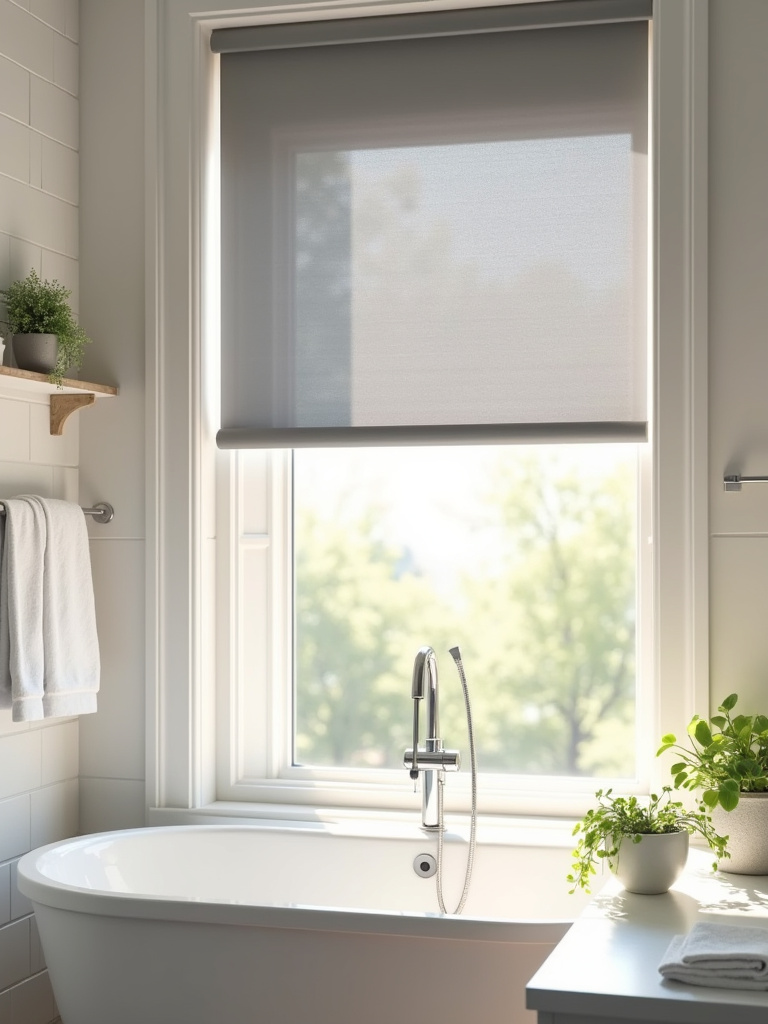 Stylish roll-up shade providing light control and privacy in a modern apartment bathroom.