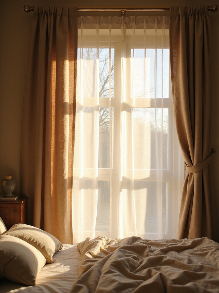 Cozy bedroom with layered sheer and blackout curtains for optimal light control.