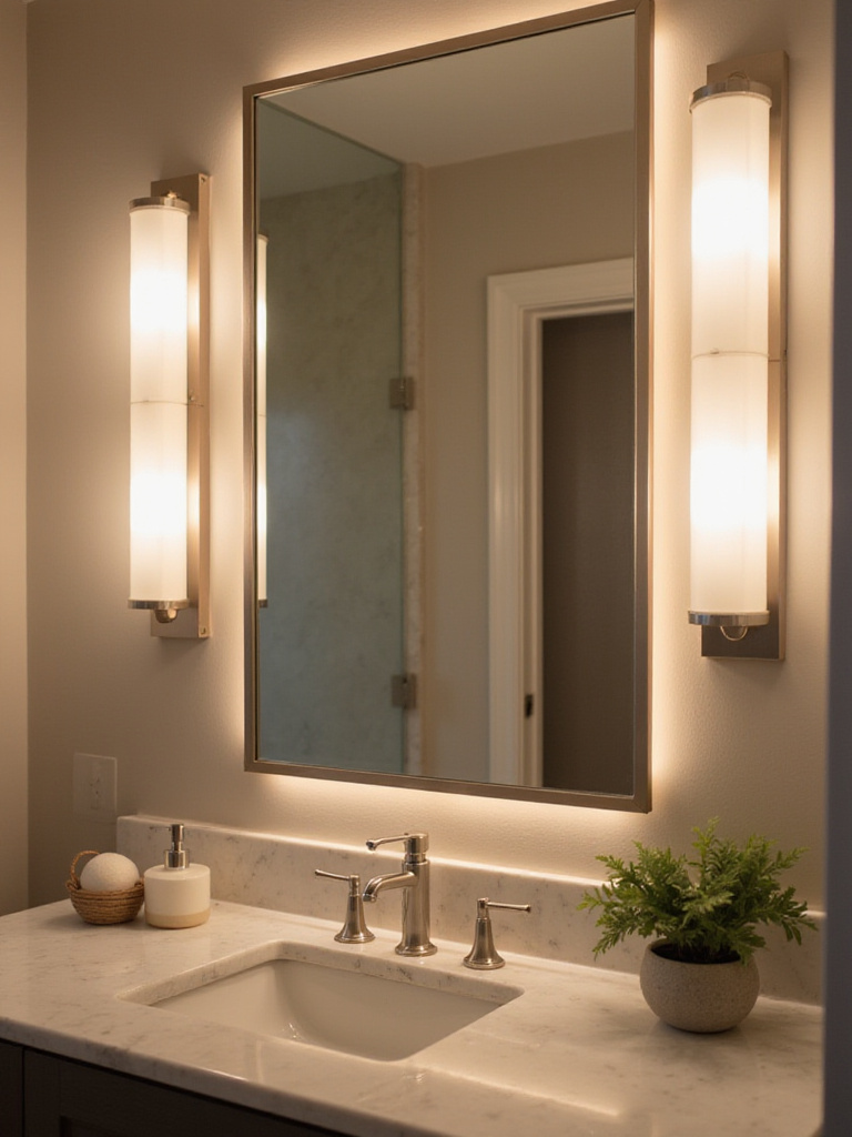 Modern bathroom vanity with sconce lighting providing warm and flattering illumination.