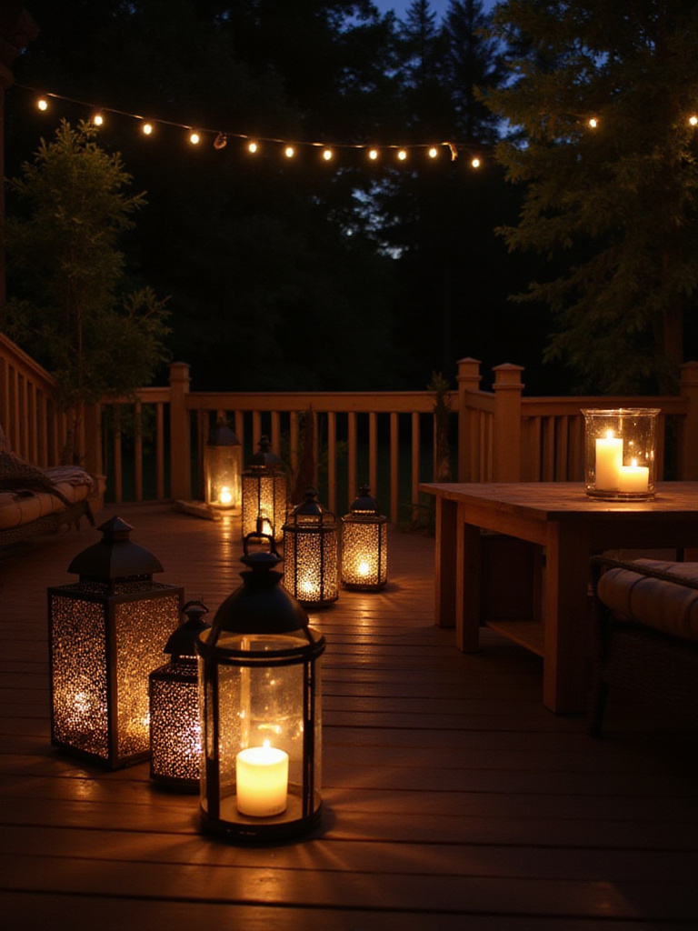 Deck decorated with lanterns and candles providing warm, inviting lighting for nighttime ambiance.