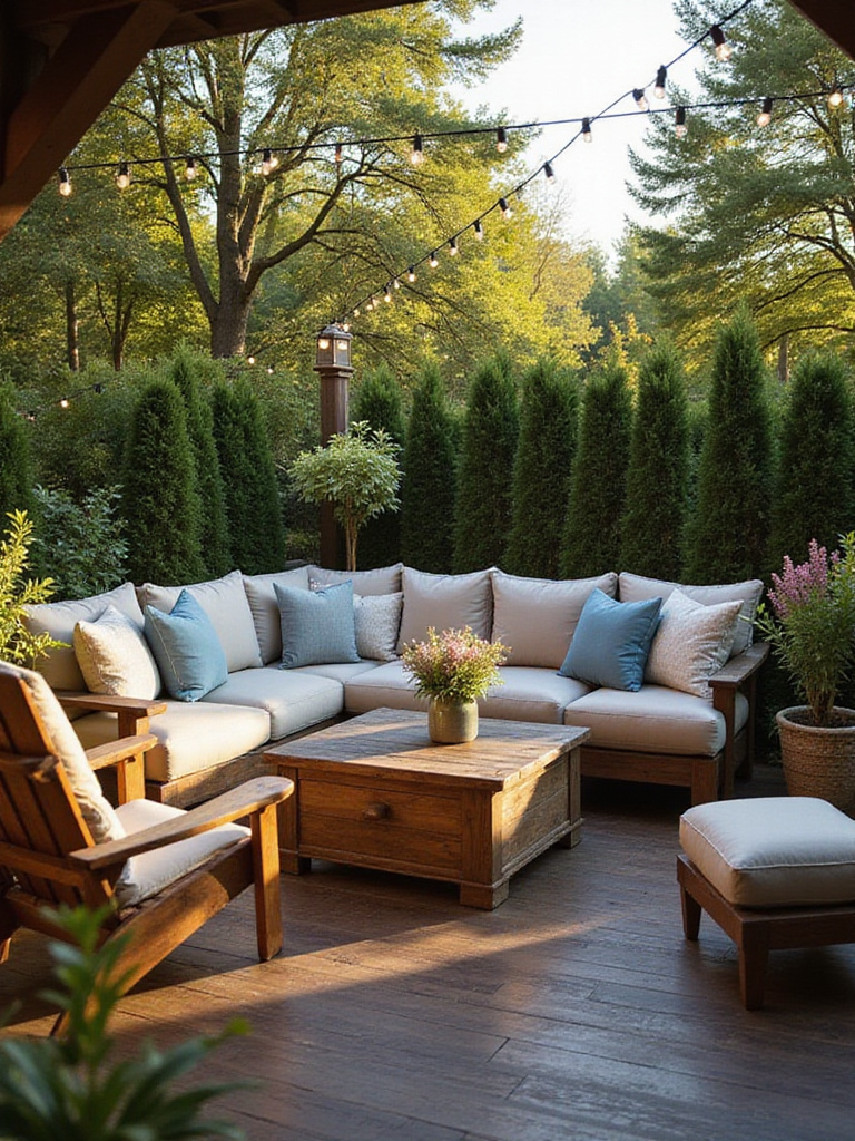 Luxurious deck lounge area with comfortable seating and ambient lighting.