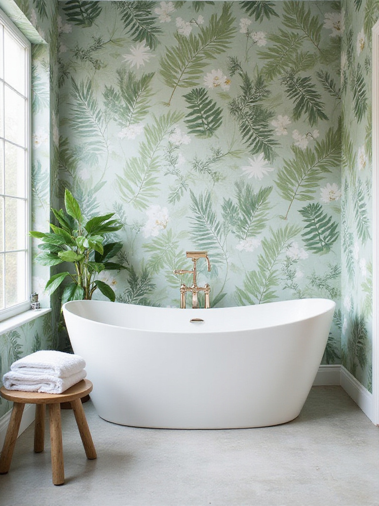Bathroom featuring lush botanical wallpaper with fern leaf pattern behind a white freestanding bathtub.