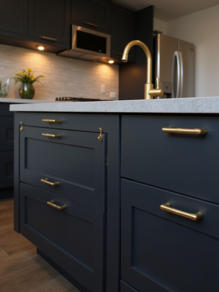 Black kitchen cabinets with luxurious brushed gold hardware and faucet.