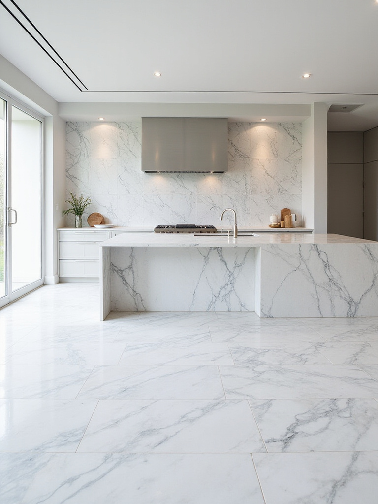 Luxurious kitchen featuring Calacatta marble island and backsplash.