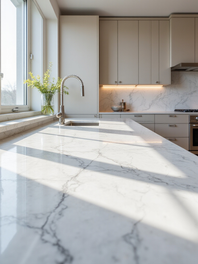Luxurious Calacatta marble kitchen countertops with prominent grey veining.