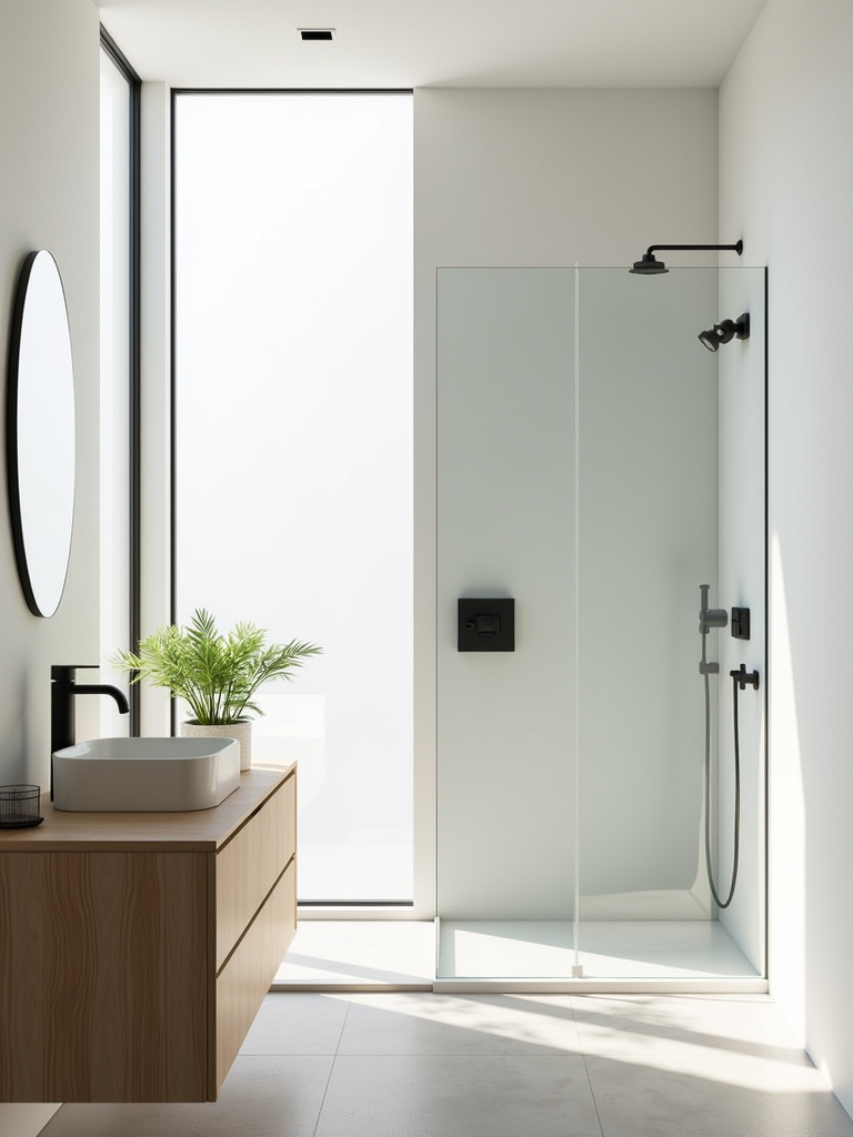 Serene minimalist bathroom with consistent light wood and gray color palette