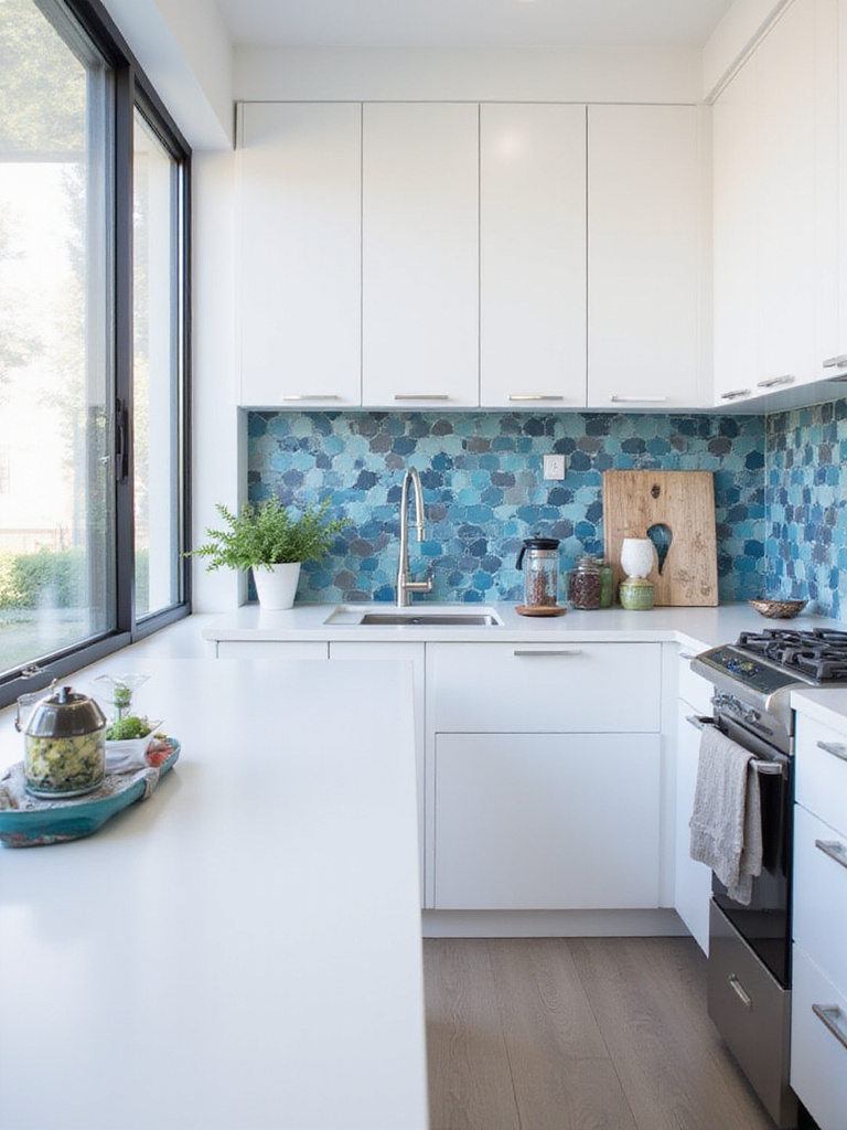 Modern kitchen with bold blue and gray geometric tile backsplash