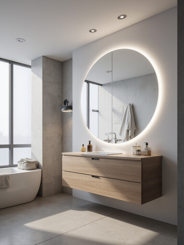 Modern bathroom with large round LED backlit mirror above floating wood vanity.