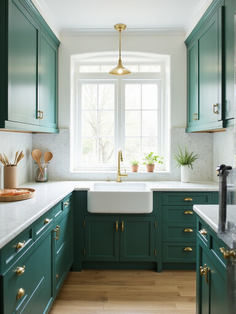 Emerald green kitchen cabinets with brass hardware