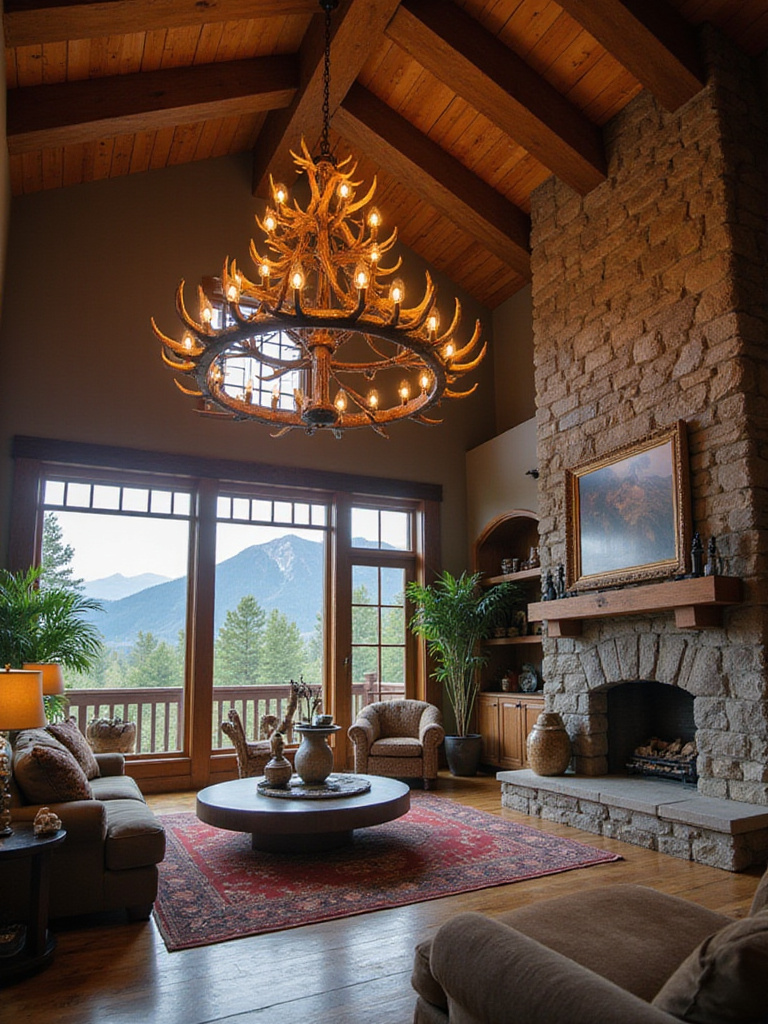 Rustic living room with antler chandelier
