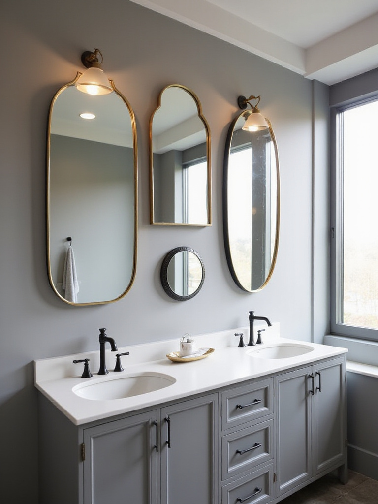 Modern bathroom featuring a gallery wall of three mirrors above a double vanity.